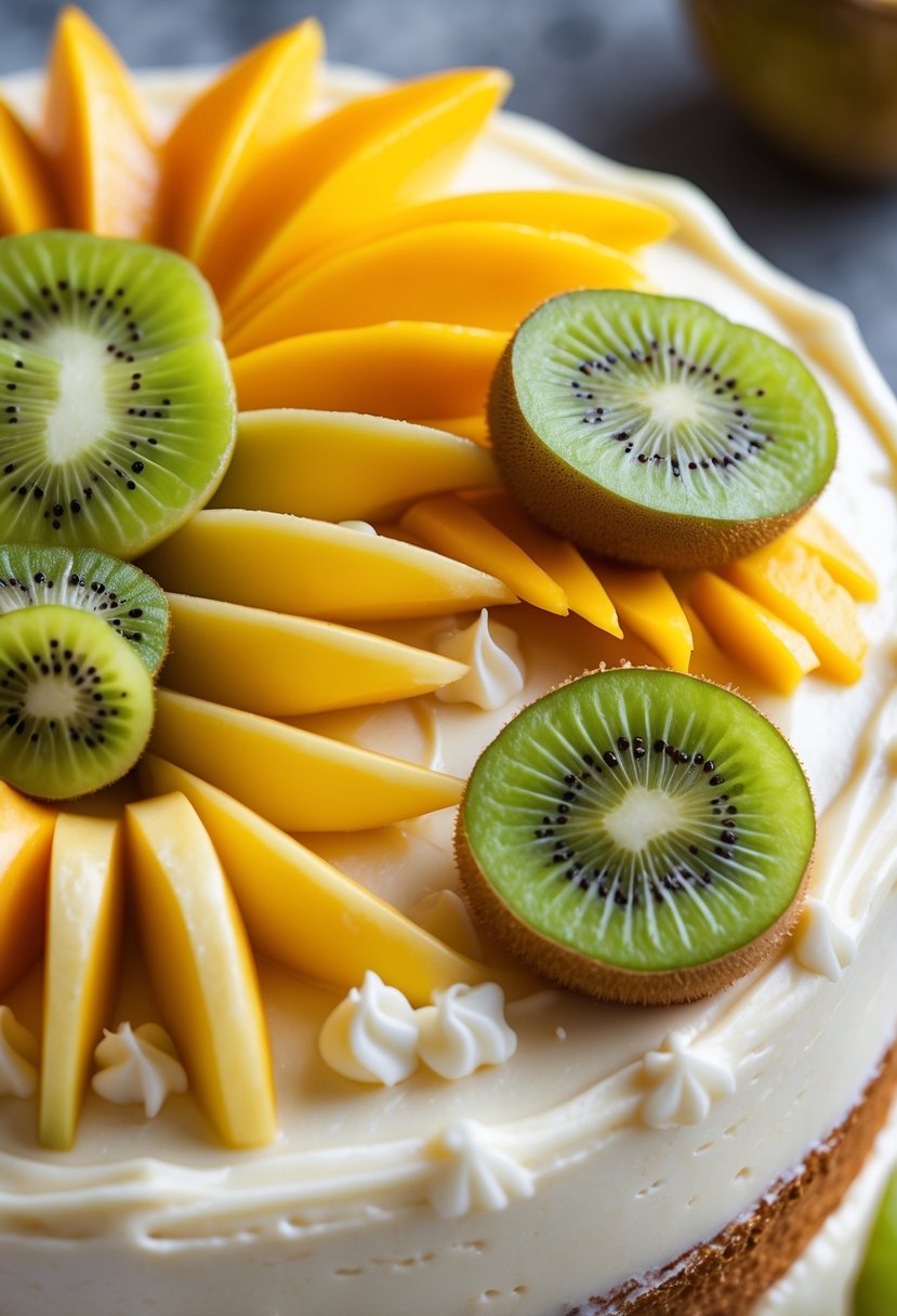 A close-up of a Tres Leches cake decorated with thinly sliced mango and kiwi on top.