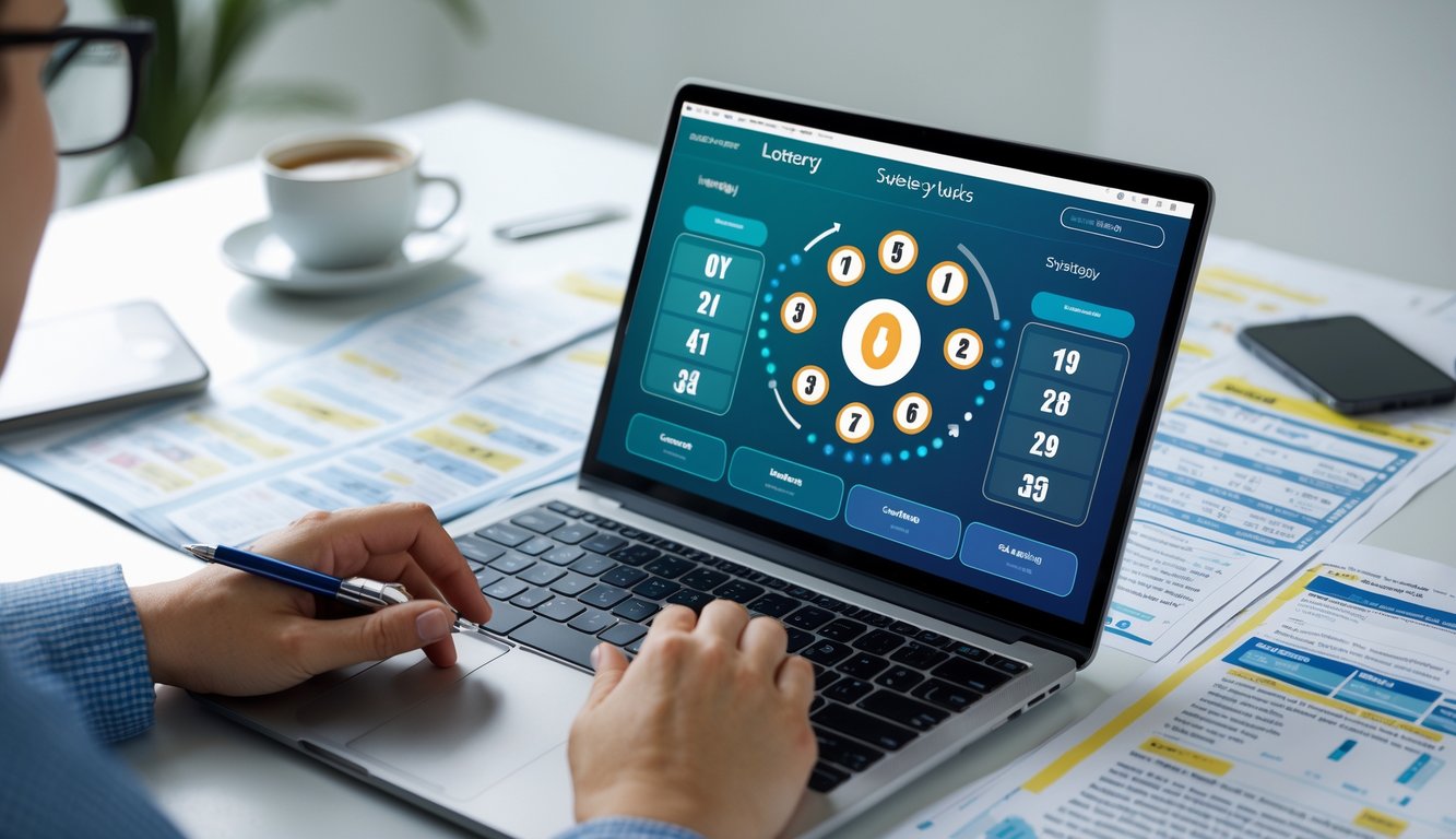 Seorang individu bekerja dengan laptop yang menampilkan permainan angka, dikelilingi oleh catatan dan grafik strategi di meja kerja.