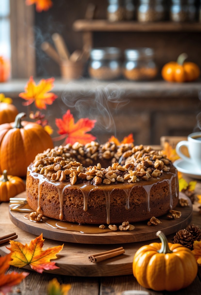 Close-up of a maple walnut coffee cake on a wooden table surrounded by autumn leaves, pumpkins, and cinnamon sticks in a cozy kitchen setting.