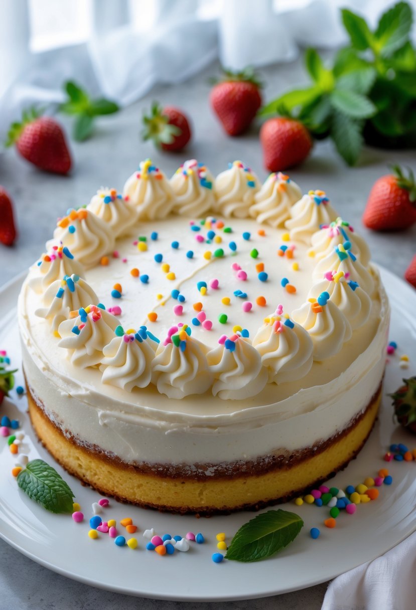 A Tres Leches cake topped with creamy frosting and colorful rainbow sprinkles on a white plate with fresh strawberries and mint leaves nearby.
