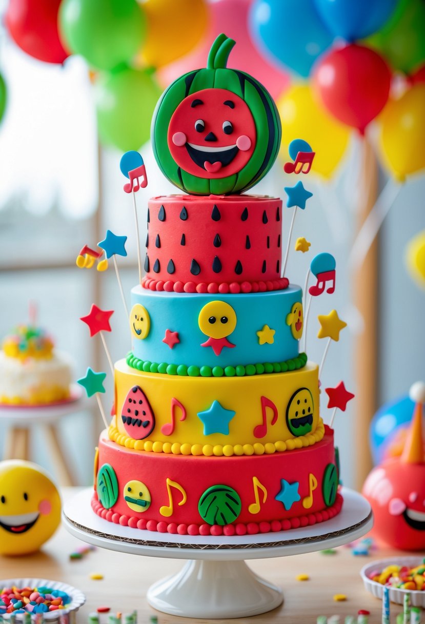 A colorful multi-tiered CoComelon-themed cake decorated with edible figures and party decorations on a table.