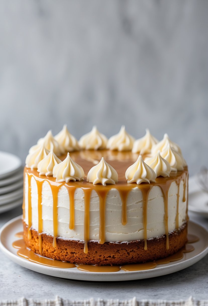 A Tres Leches cake topped with white frosting and caramel drizzle in a zigzag pattern on a white plate.