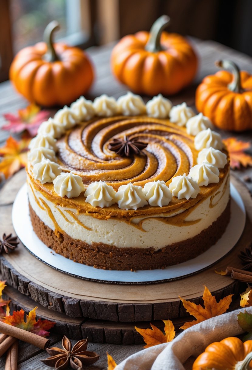 A pumpkin cheesecake swirl cake on a wooden table surrounded by small pumpkins, cinnamon sticks, and fall leaves.