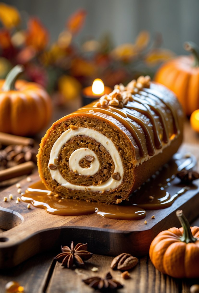 A sliced salted caramel pumpkin roll cake on a wooden board surrounded by autumn decorations like small pumpkins, cinnamon sticks, and pecans.
