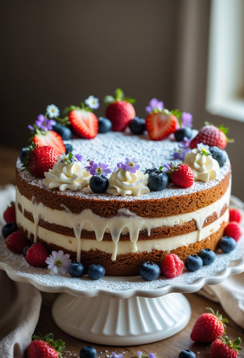A Tres Leches cake with powdered sugar, fresh berries, and whipped cream on a white cake stand.