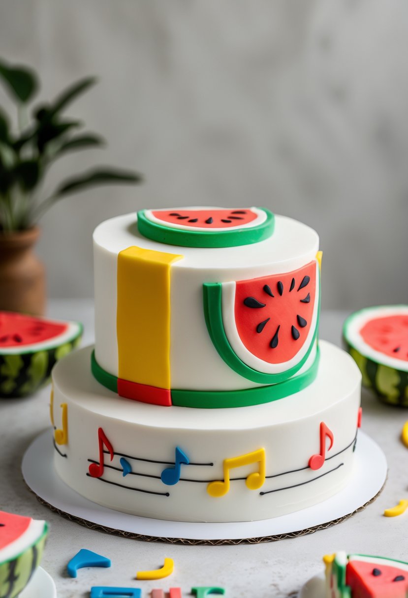A colorful round cake decorated with simple shapes and bright colors inspired by a children's cartoon logo, placed on a plain surface.