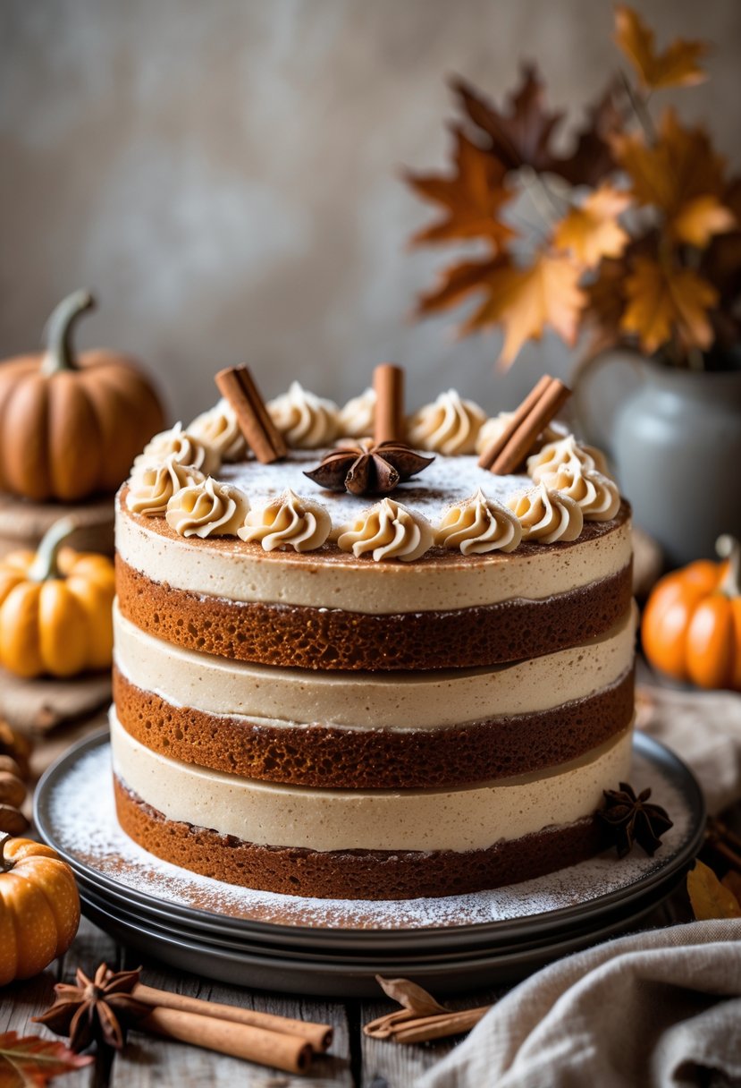 A multi-layered spiced chai cake decorated with cinnamon sticks and star anise on a wooden table with autumn decorations.