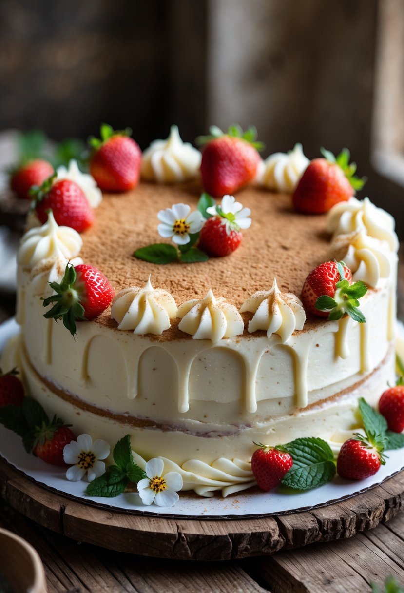 A Tres Leches cake decorated with creamy white frosting, fresh strawberries, edible flowers, mint leaves, and lightly sprinkled cinnamon powder on top.