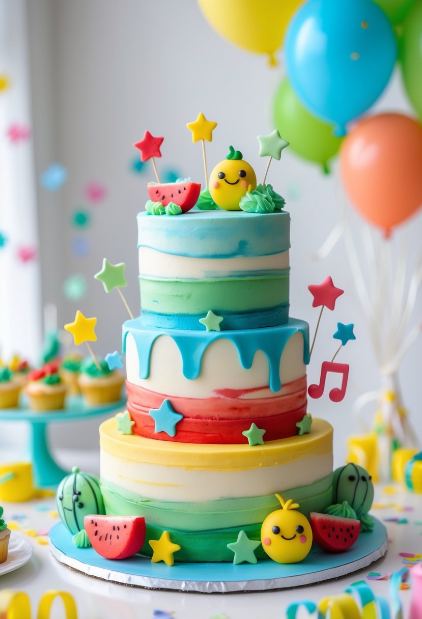 A colorful multi-tiered children's birthday cake decorated with playful characters and vibrant patterns.