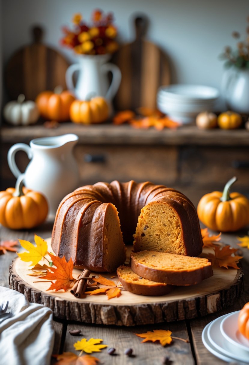 A sliced sweet potato pound cake on a wooden table surrounded by pumpkins, fall leaves, and cinnamon sticks.