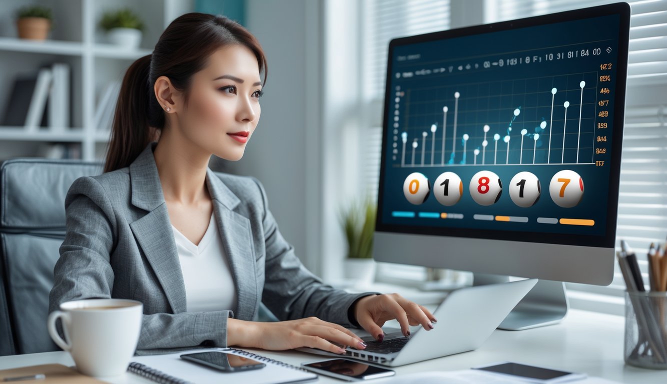Seorang wanita muda sedang duduk di meja dengan laptop dan alat tulis, fokus menganalisis data untuk strategi bermain togel online.