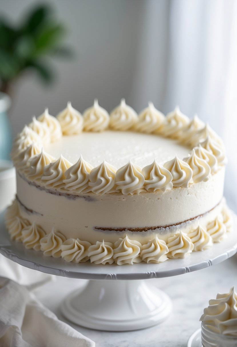 A close-up of a Tres Leches cake decorated with piped rosettes along the edges on a white cake stand.