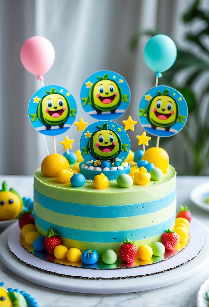 A colorful CoComelon-themed cake with edible character toppers on a white surface.