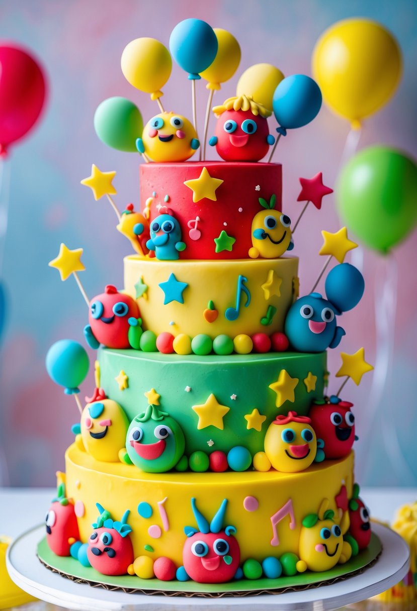 A colorful multi-tiered birthday cake decorated with fondant figures of CoComelon characters and festive decorations on a white cake stand.