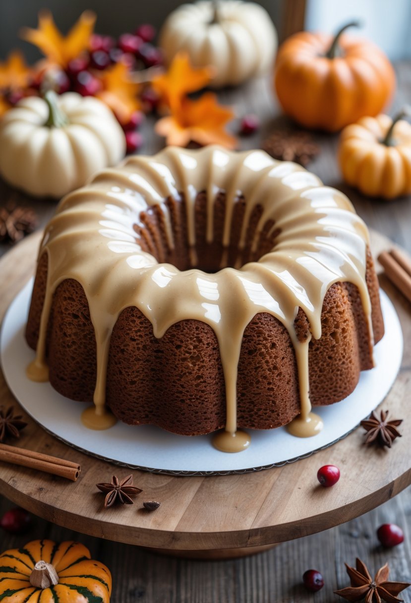 A gingerbread Bundt cake with cream cheese glaze on a wooden table surrounded by autumn decorations.