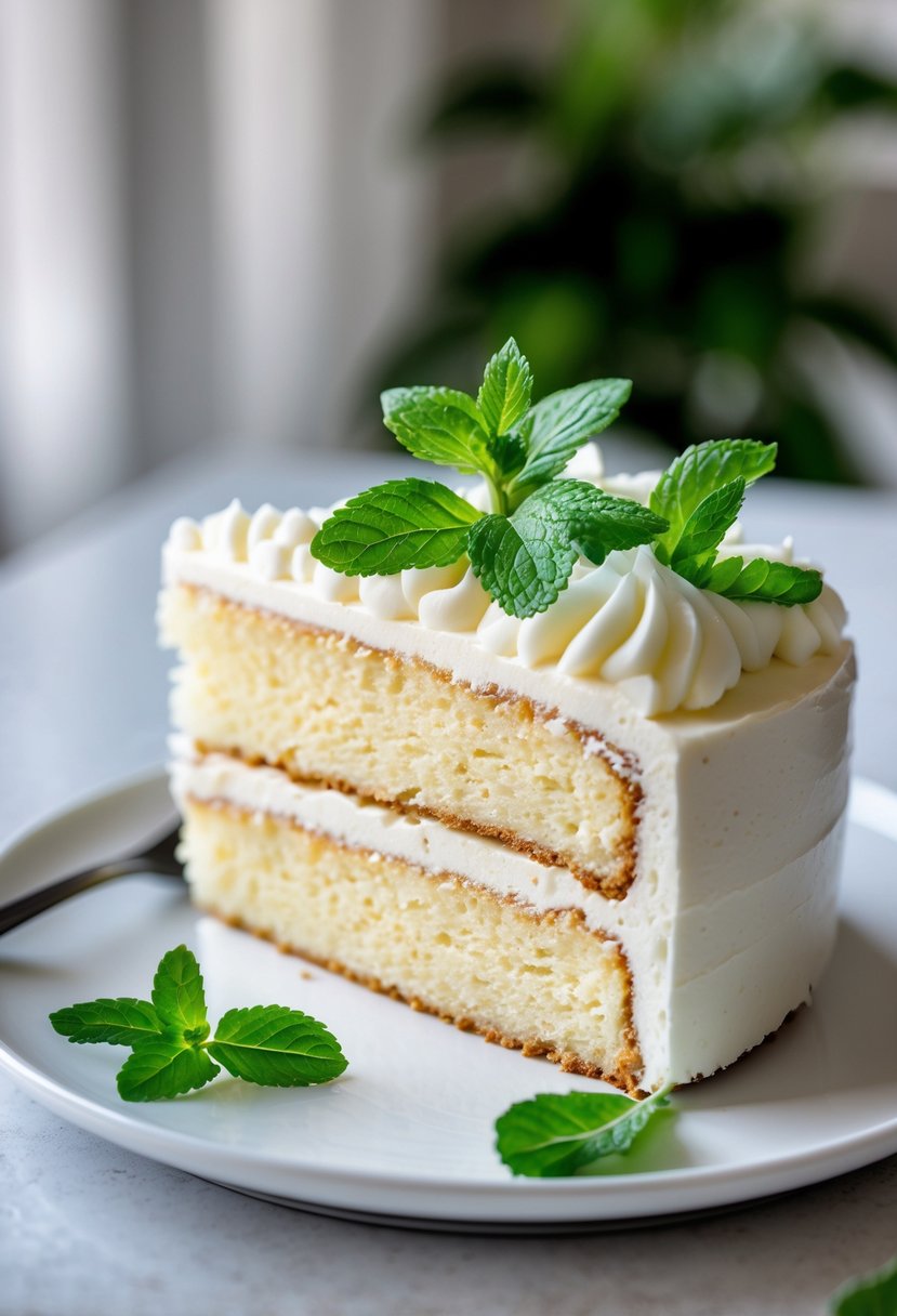 A slice of Tres Leches cake garnished with fresh mint leaves on a white plate.