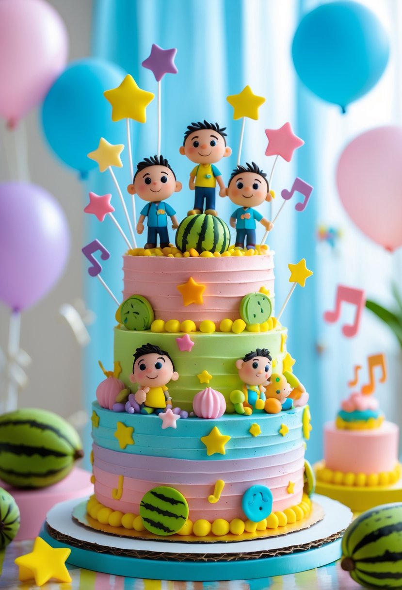 A colorful CoComelon-themed birthday cake with edible figurines of JJ and friends on top, decorated with stars, musical notes, and balloons.