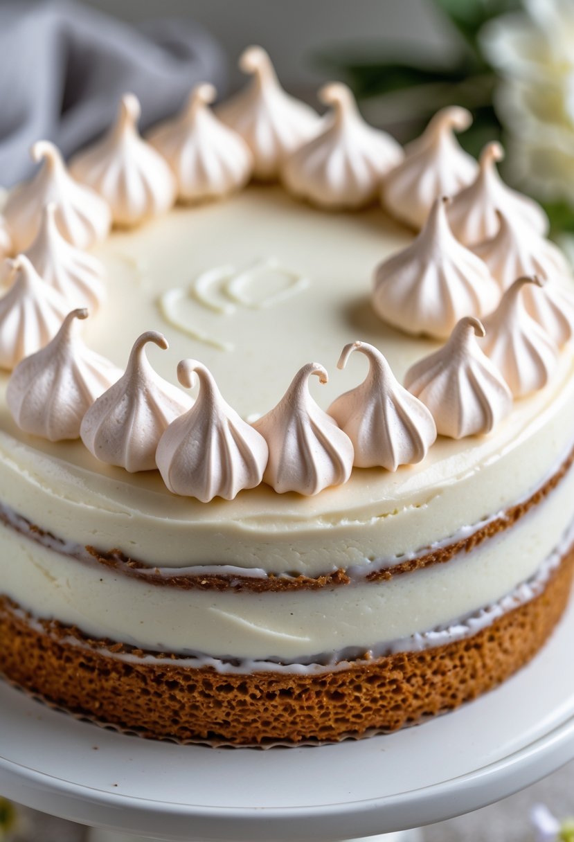 Close-up of a Tres Leches cake decorated with small white mini meringue kisses on a white plate.