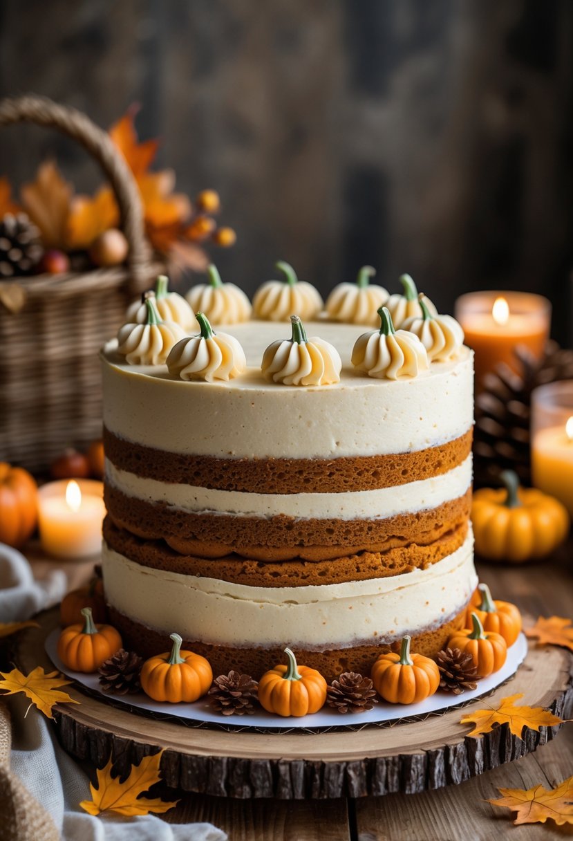 A layered vanilla bean and pumpkin cake decorated with autumn-themed accents on a wooden table surrounded by Thanksgiving decorations.