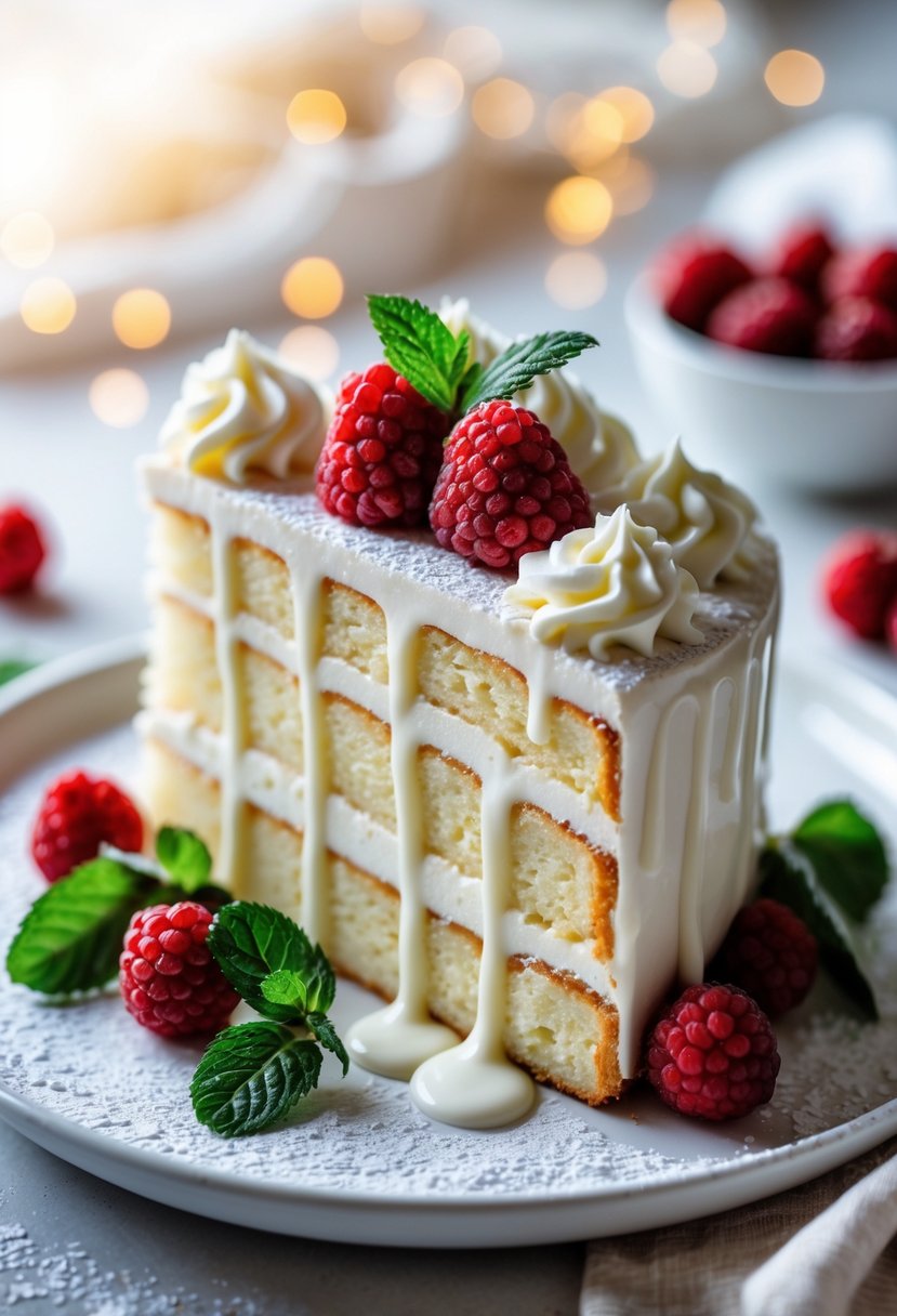 A slice of Tres Leches cake topped with whipped cream and white chocolate drizzle on a white plate, garnished with berries and mint leaves.