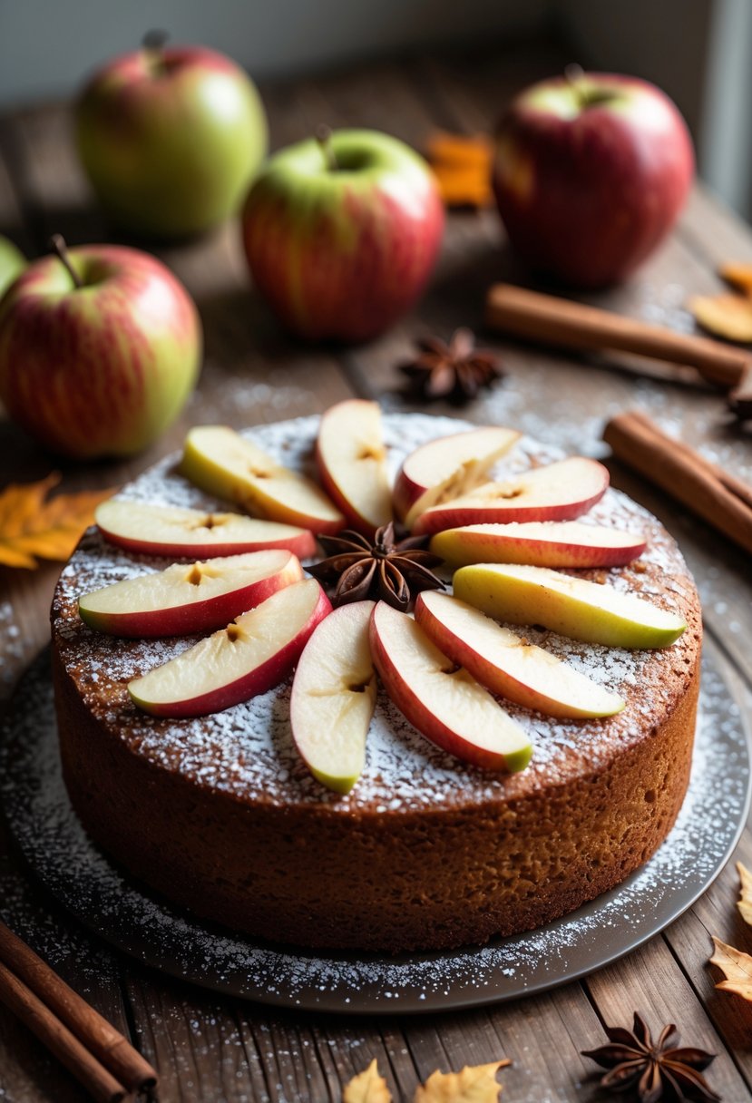A round apple cider cake topped with apple slices on a wooden table surrounded by apples, cinnamon sticks, and autumn leaves.
