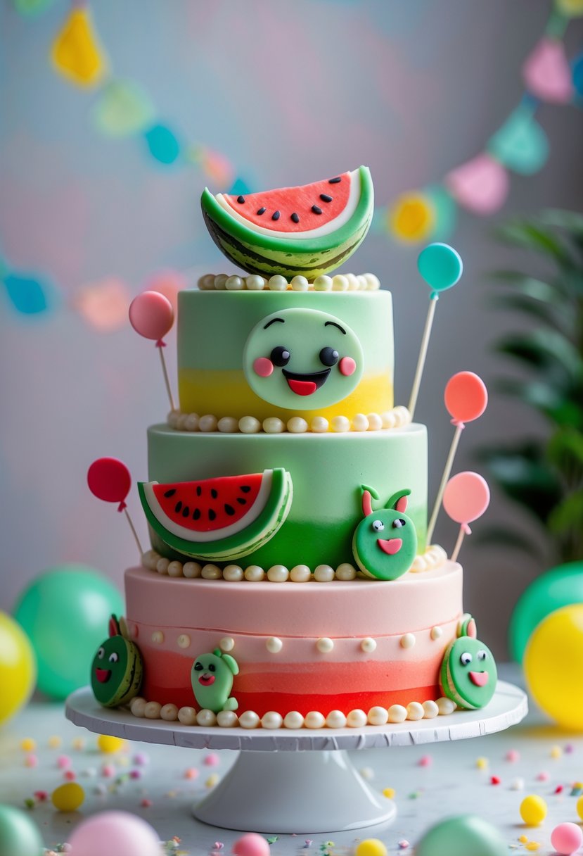 A colorful multi-tiered CoComelon-themed cake decorated with sugar pearls and cartoon watermelon characters on a white cake stand.