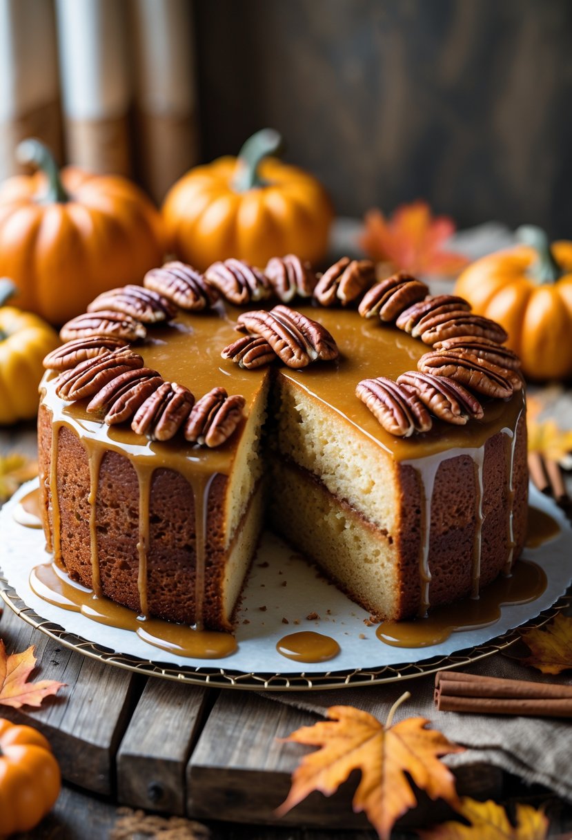 A sliced brown butter and maple pecan cake topped with toasted pecans and maple glaze on a wooden table with autumn decorations.