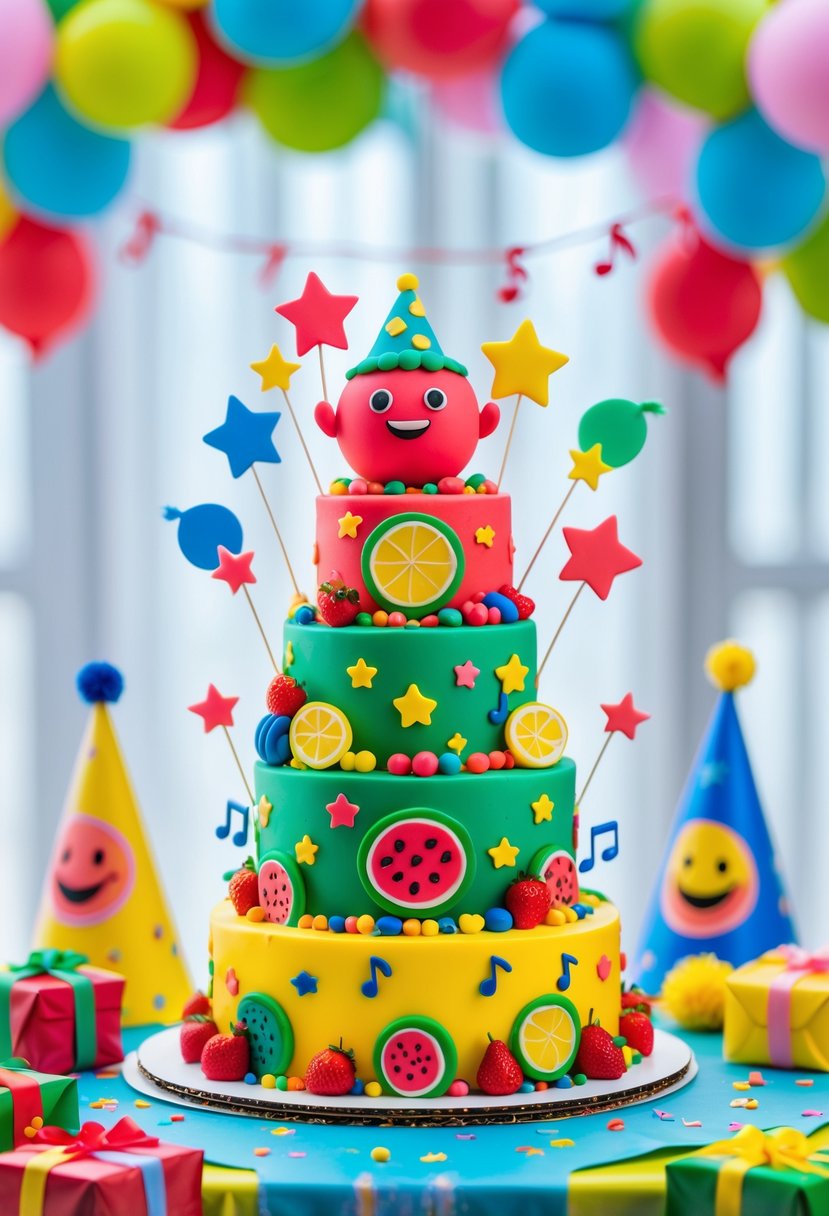 A colorful CoComelon-themed birthday cake with character figurines and festive decorations on a party table surrounded by presents and confetti.