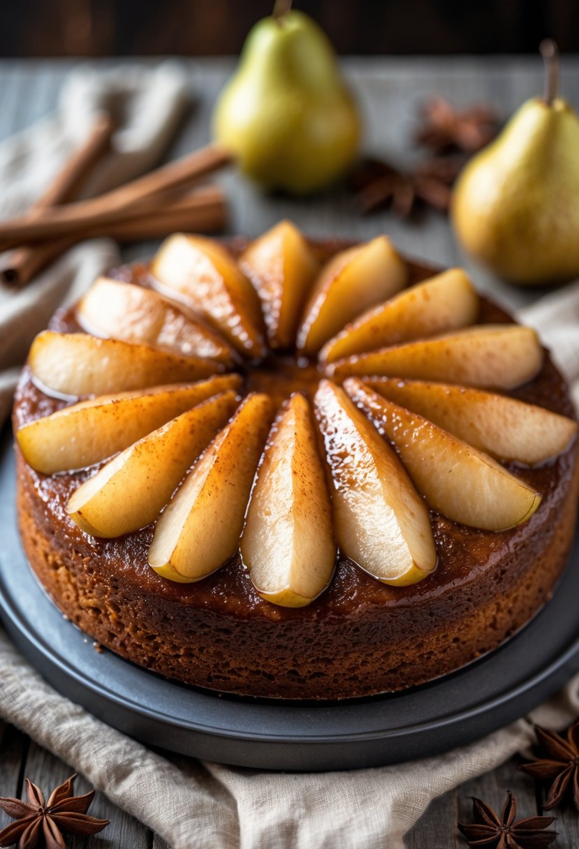 A pear and cinnamon upside-down cake on a wooden table with autumn decorations around it.