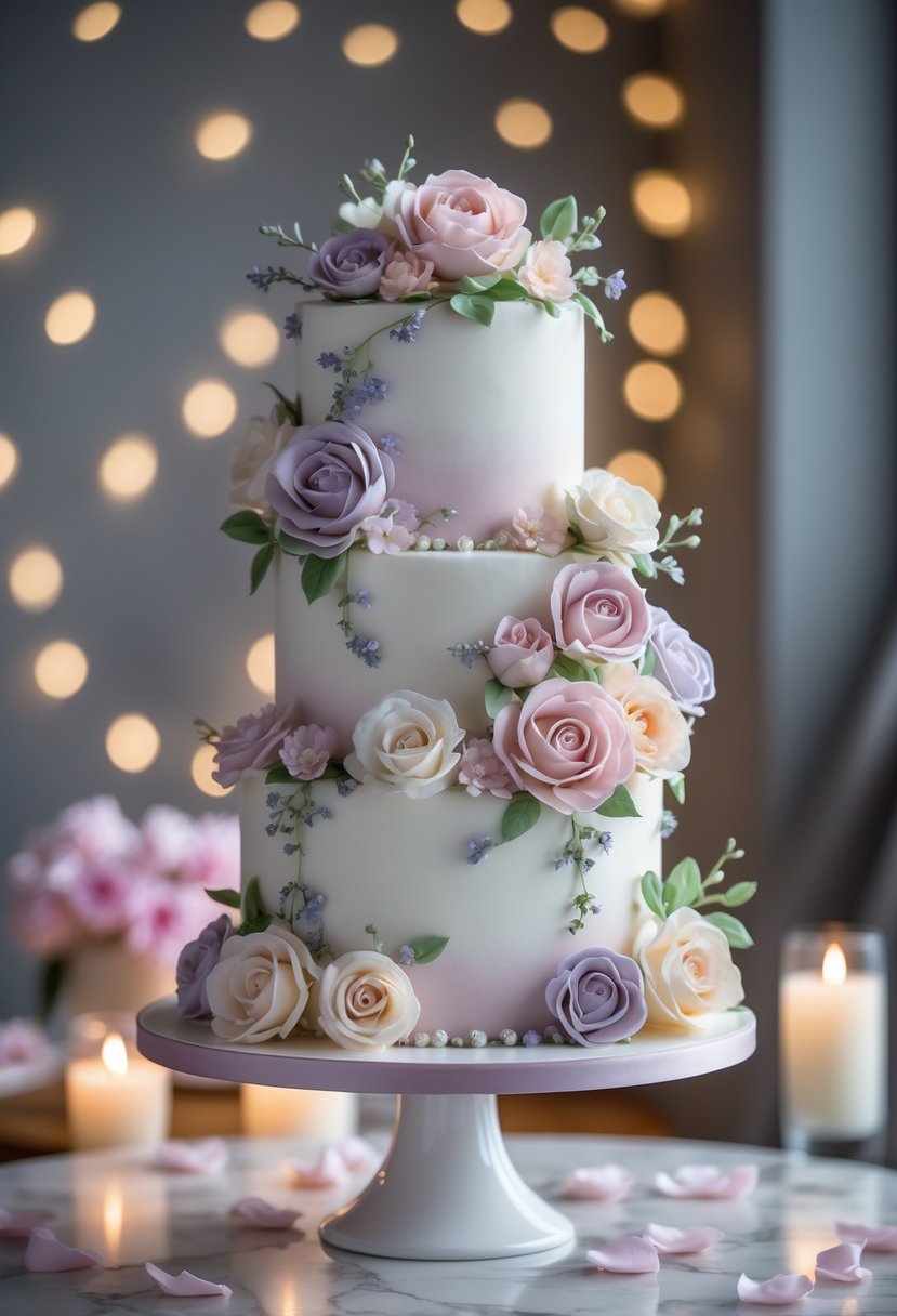 A three-tiered white cake decorated with pastel flowers and leaves, displayed on a table with soft lighting and party decorations.