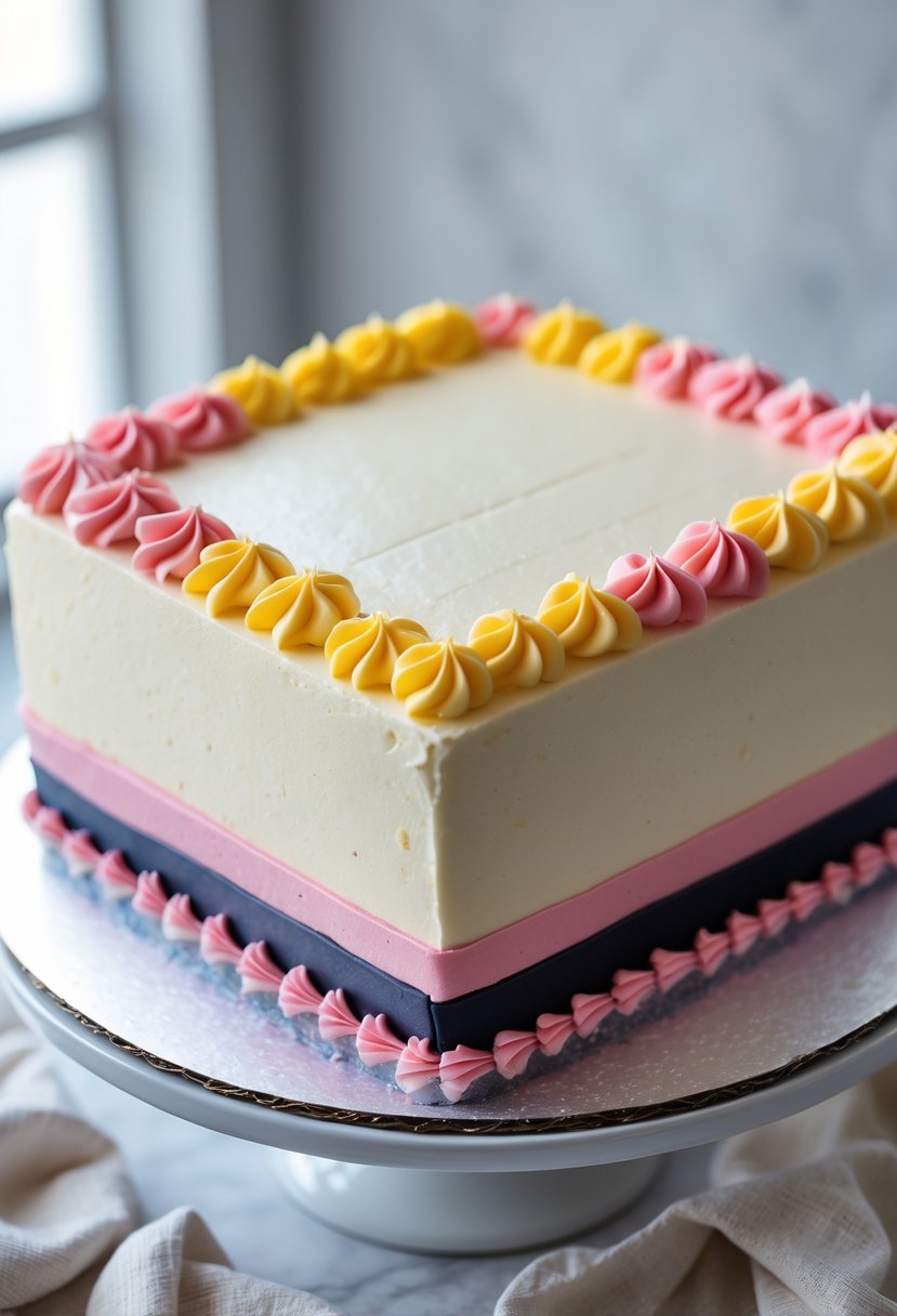 A square cake decorated with bold buttercream borders that have sharp, clean edges, displayed on a plain background.