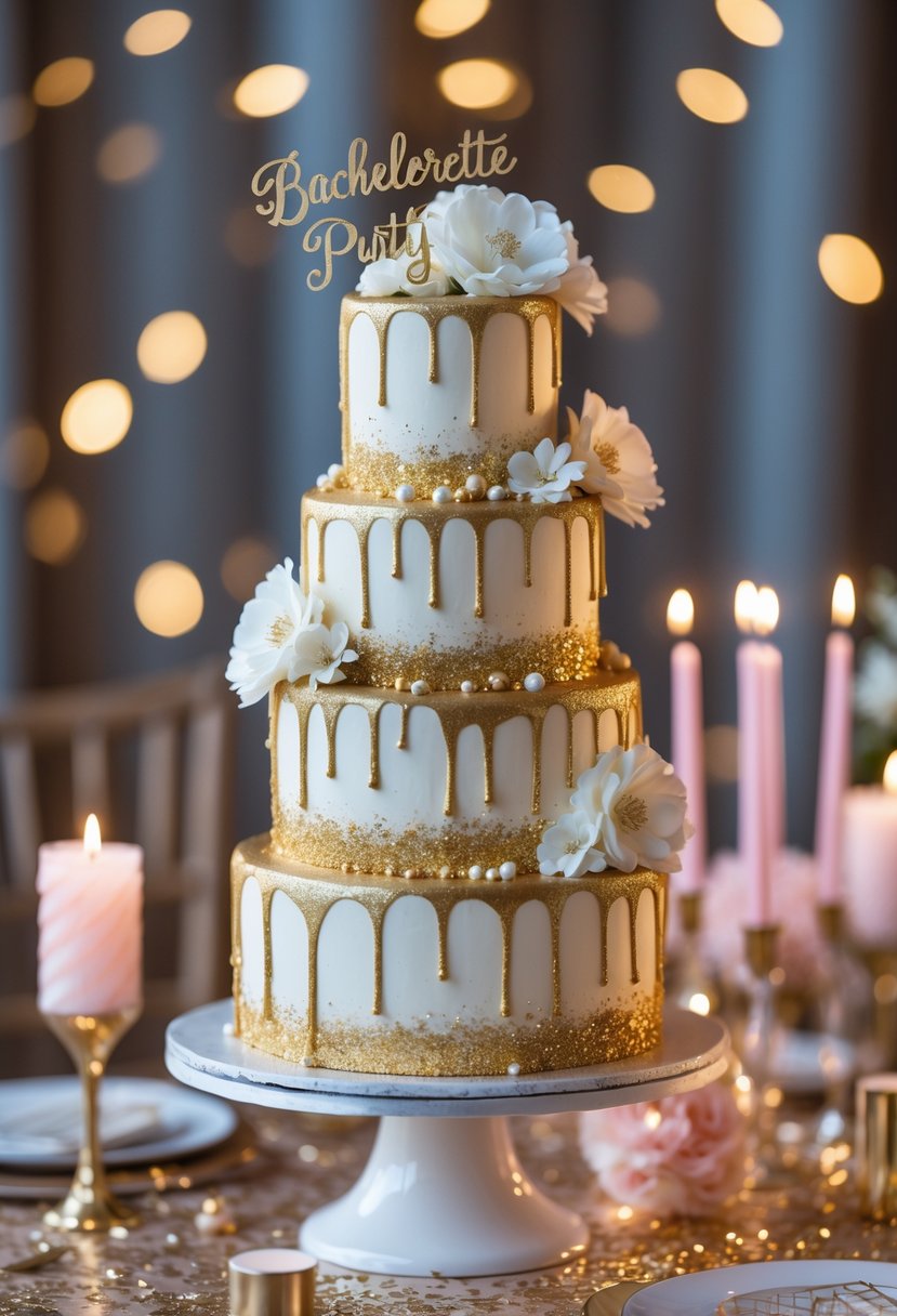 A multi-tiered white cake with gold glitter dripping down the sides, decorated with small white flowers and gold accents on a table with party decorations.