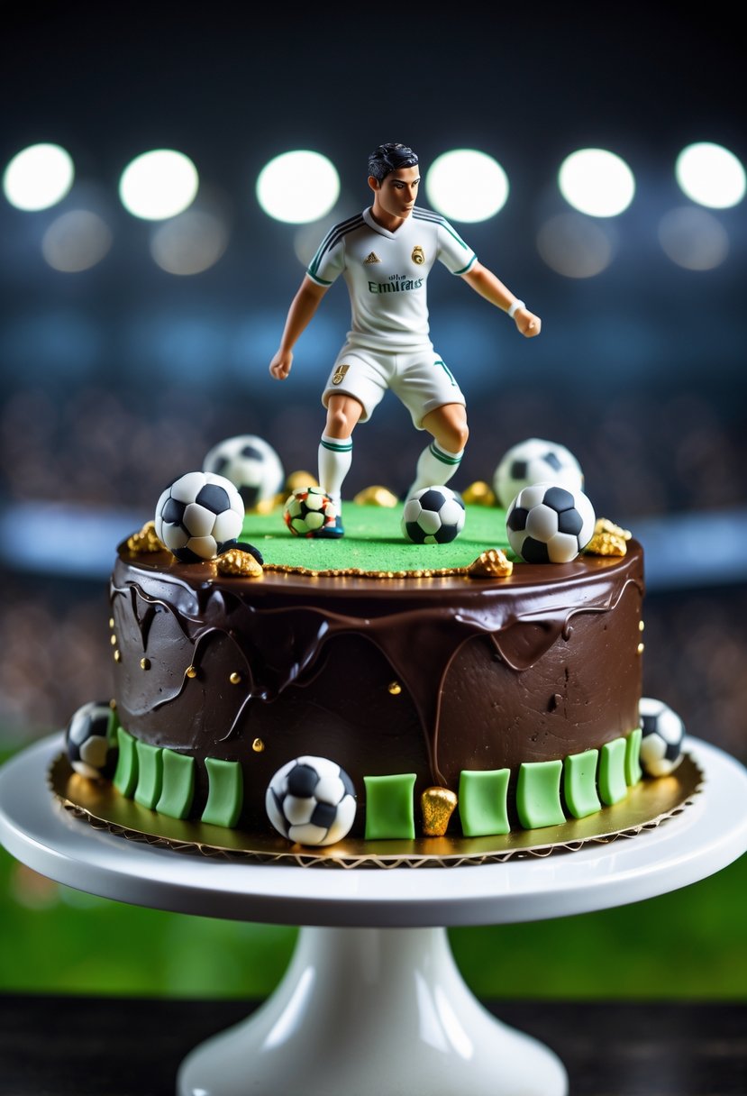 A chocolate cake decorated with football-themed edible decorations and a figurine resembling a football player in a football kit.