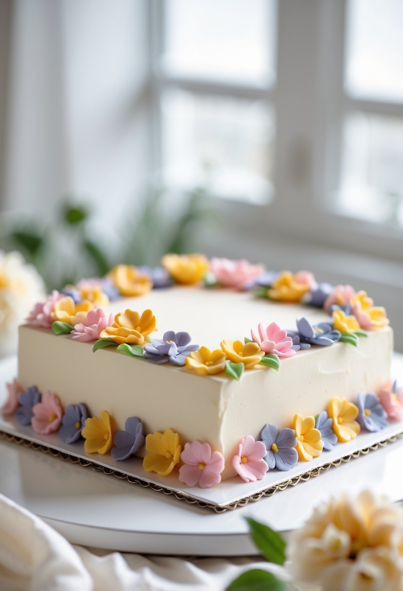 A square cake decorated with colorful fondant flowers arranged along the edges.