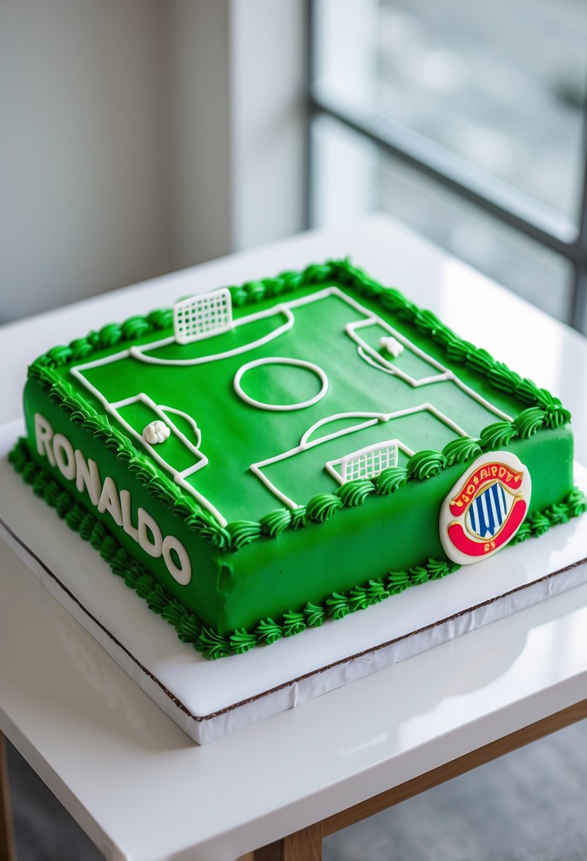 A rectangular cake decorated to look like a green football pitch with white lines and an edible Cristiano Ronaldo CR7 logo on the side.