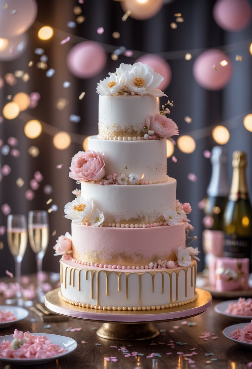 An elegant multi-tiered birthday cake decorated with pastel flowers and gold accents on a table with party decorations and champagne glasses.