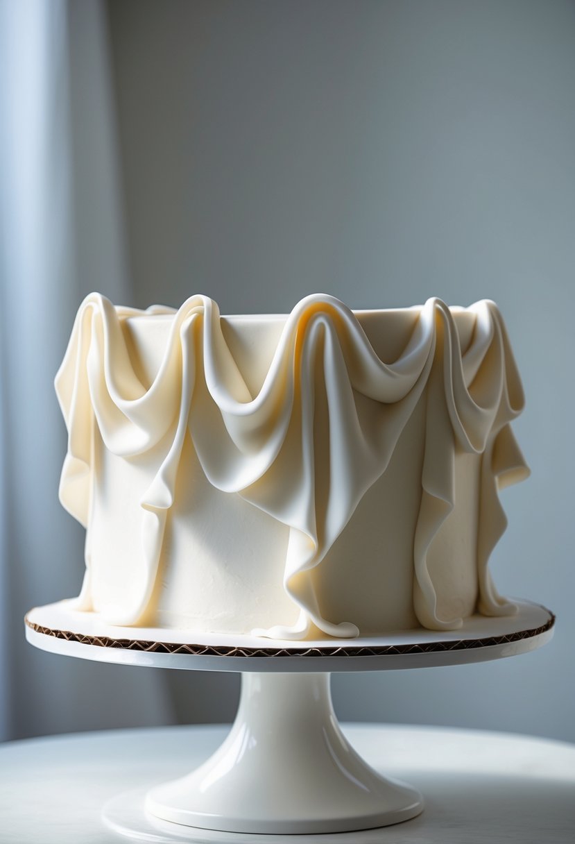 A square cake with smooth fondant drapes cascading down its sides on a white cake stand.
