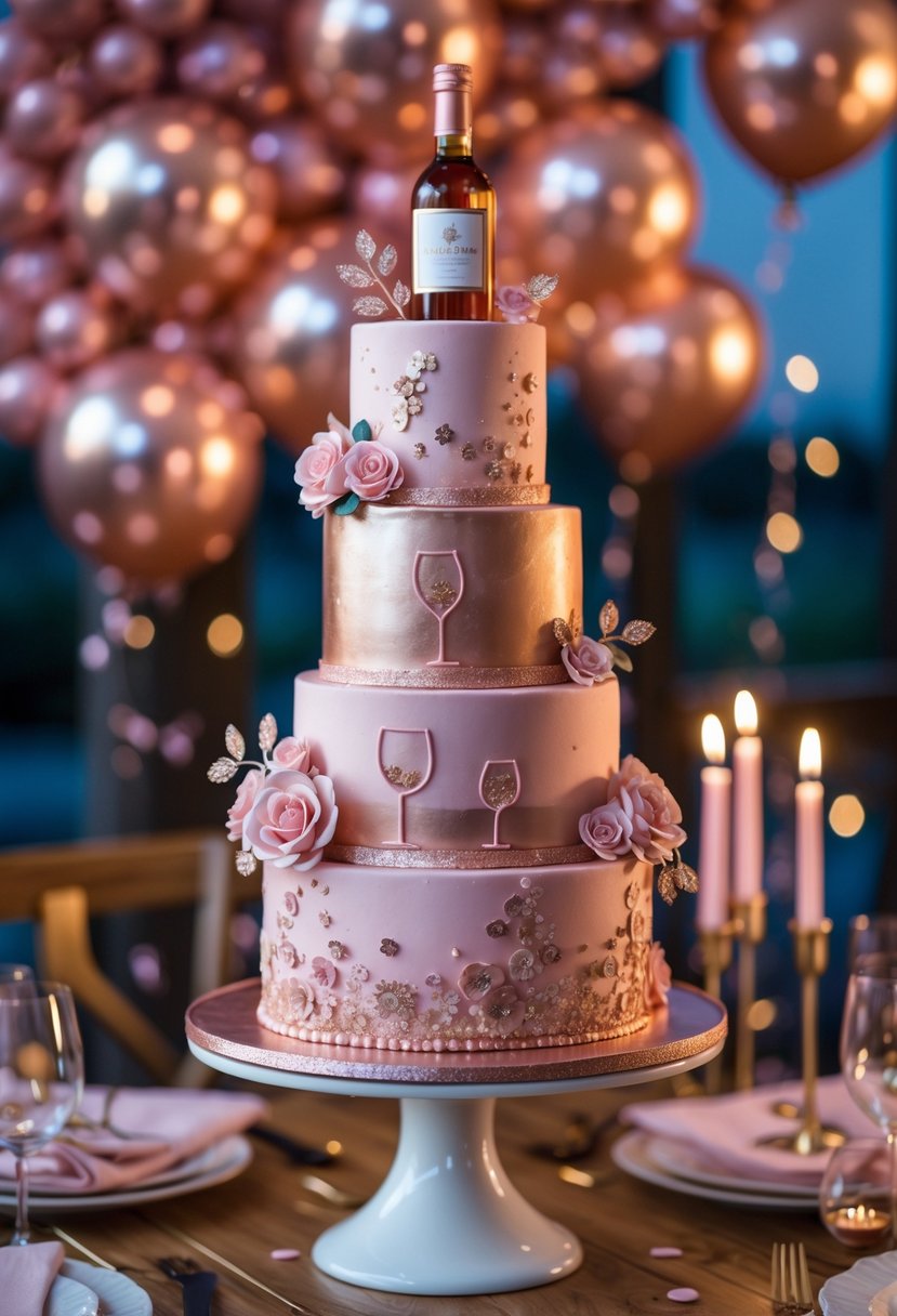 A multi-tiered pink and rose gold cake decorated with edible wine bottles and glasses, placed on a table with party decorations around it.