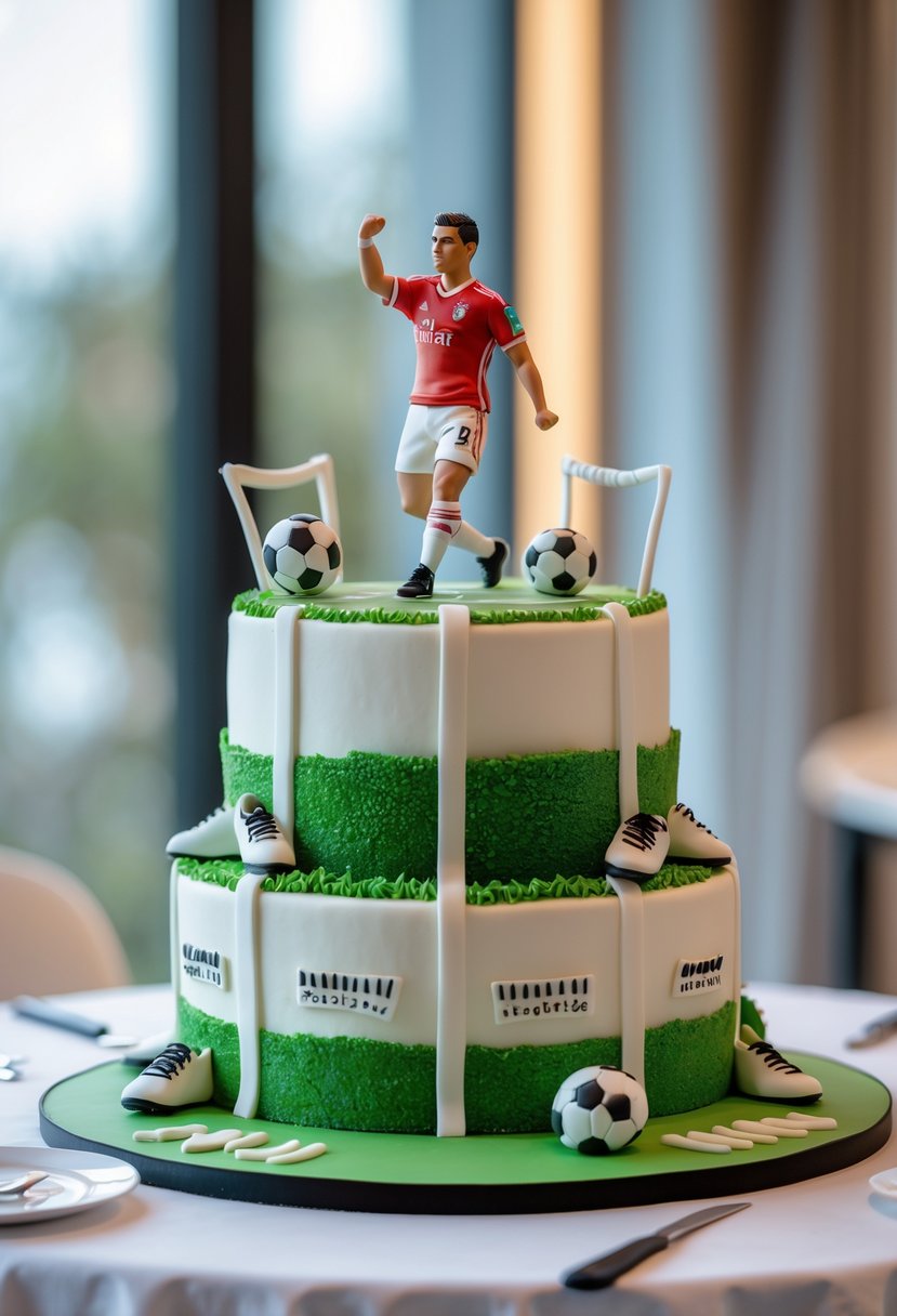 A detailed cake featuring a soccer player figurine celebrating a goal on a green soccer field-themed cake with football decorations around it.