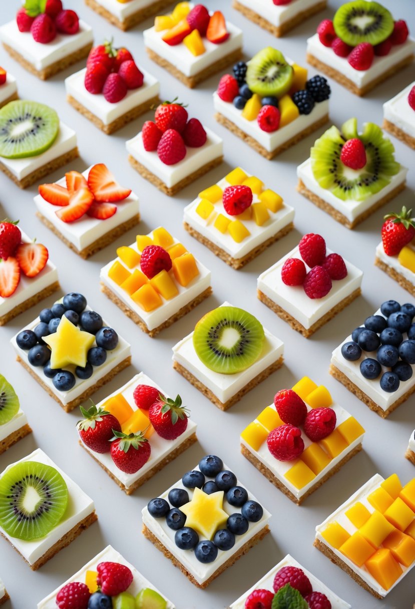 A display of 19 square cakes topped with colorful fresh fruit arranged in various artistic patterns.