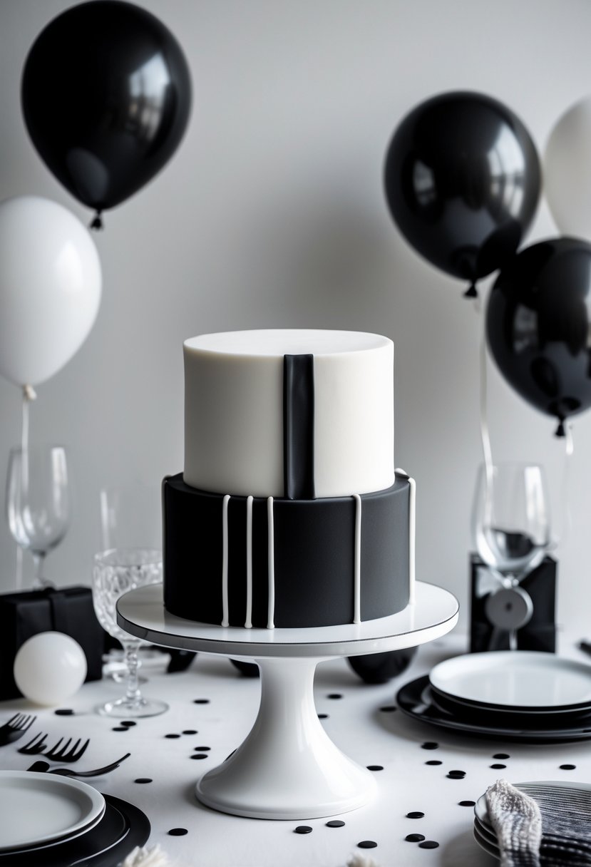 A black and white minimalist cake on a white stand surrounded by party decorations including balloons and confetti.
