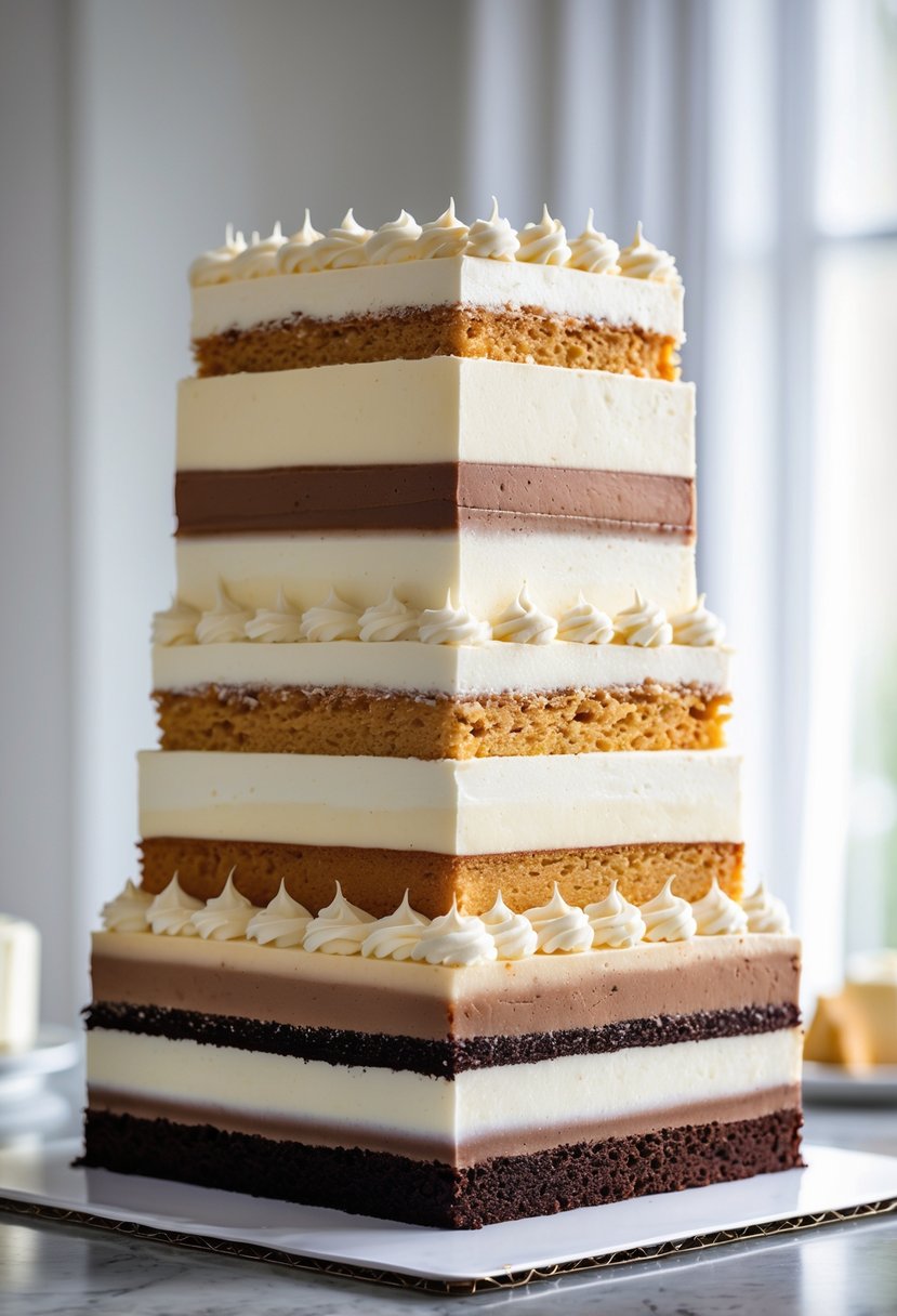 A tall square cake with 19 layers, each layer decorated with smooth ombre buttercream shading in varying tones.
