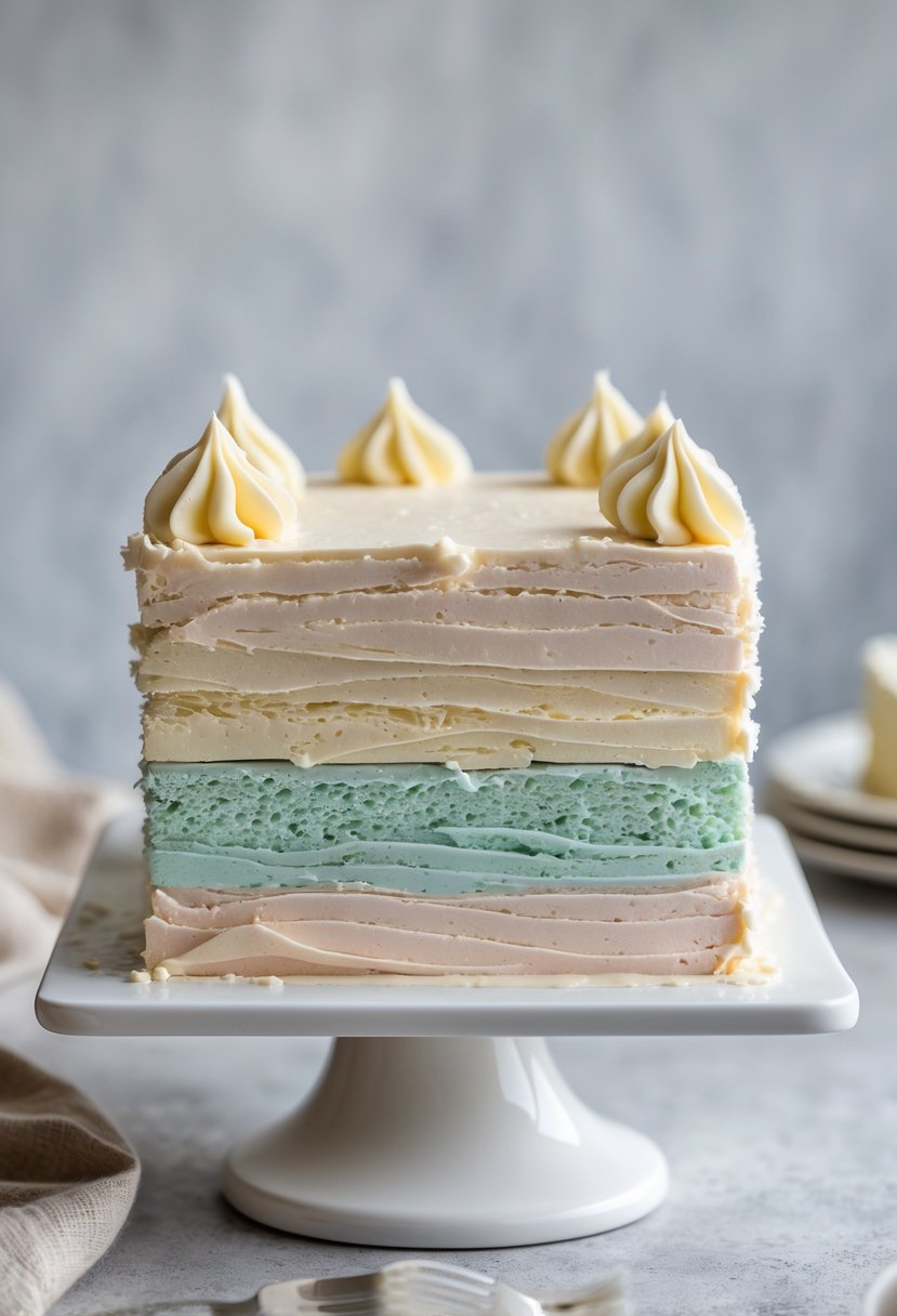 A square cake with textured buttercream frosting showing visible strokes, displayed on a white cake stand.