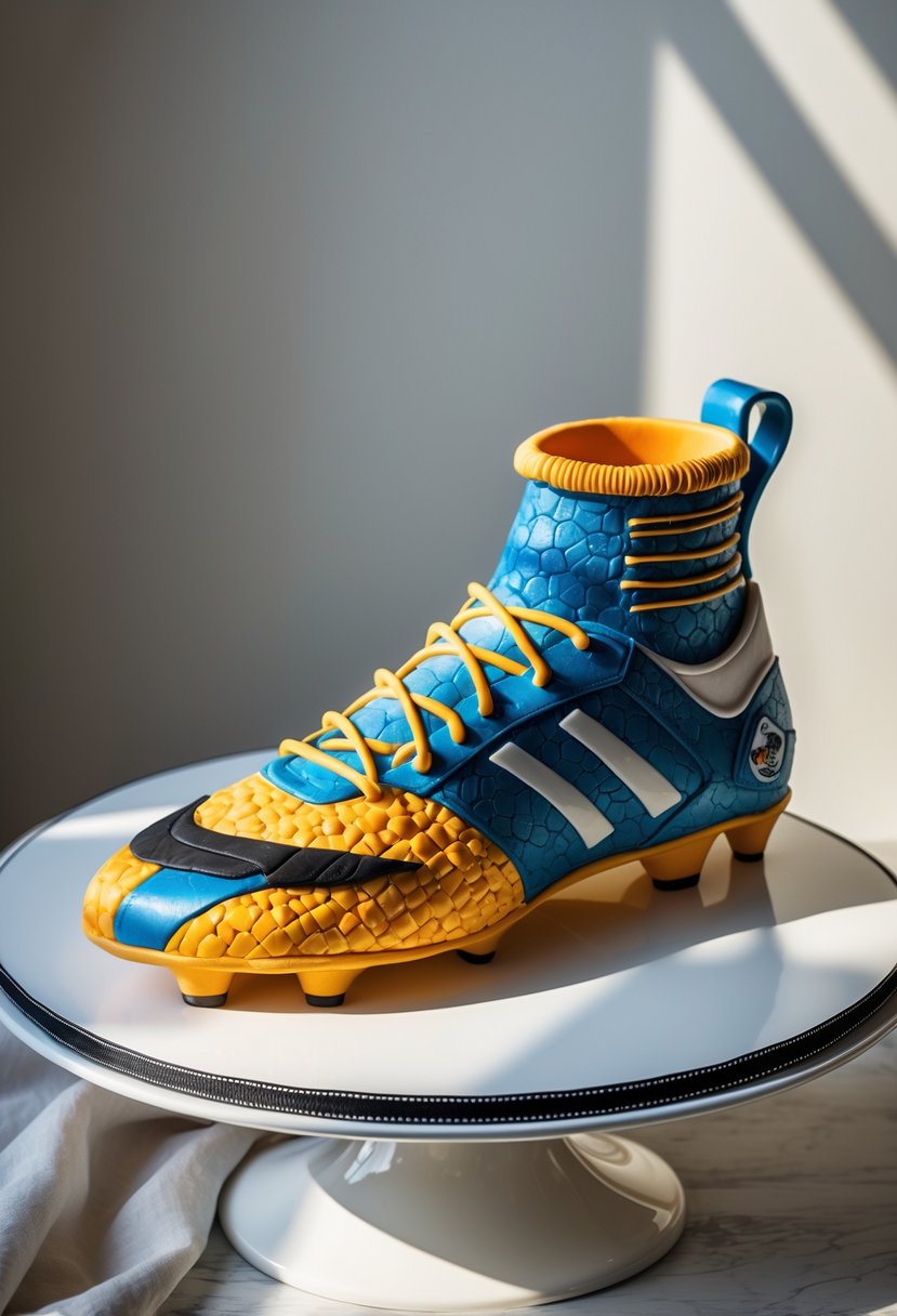 A realistic cake shaped like a detailed football boot on a white plate against a neutral background.