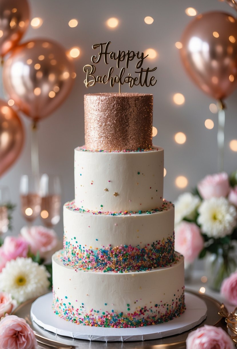 A multi-tiered white cake decorated with colorful confetti sprinkles and gold accents, surrounded by party decorations including balloons, flowers, and fairy lights.
