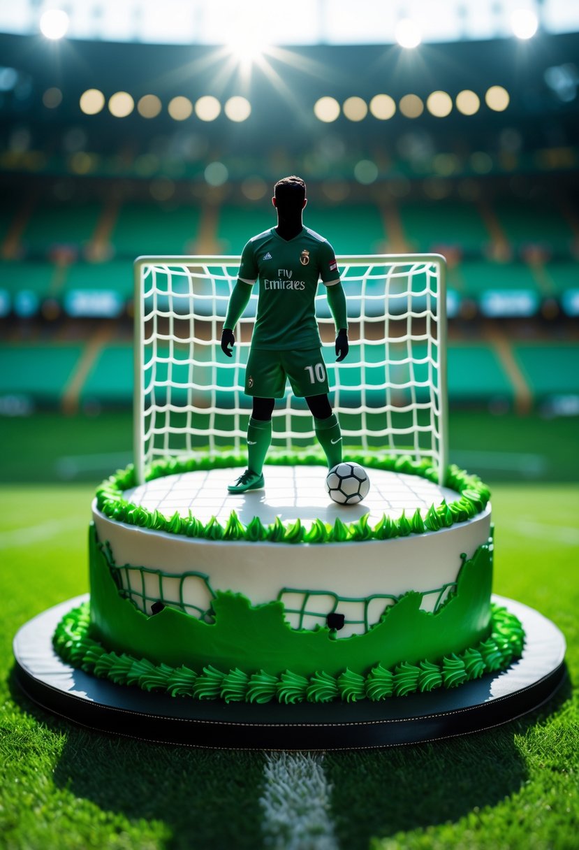 A cake shaped with a silhouette of a football player on a green football pitch background.