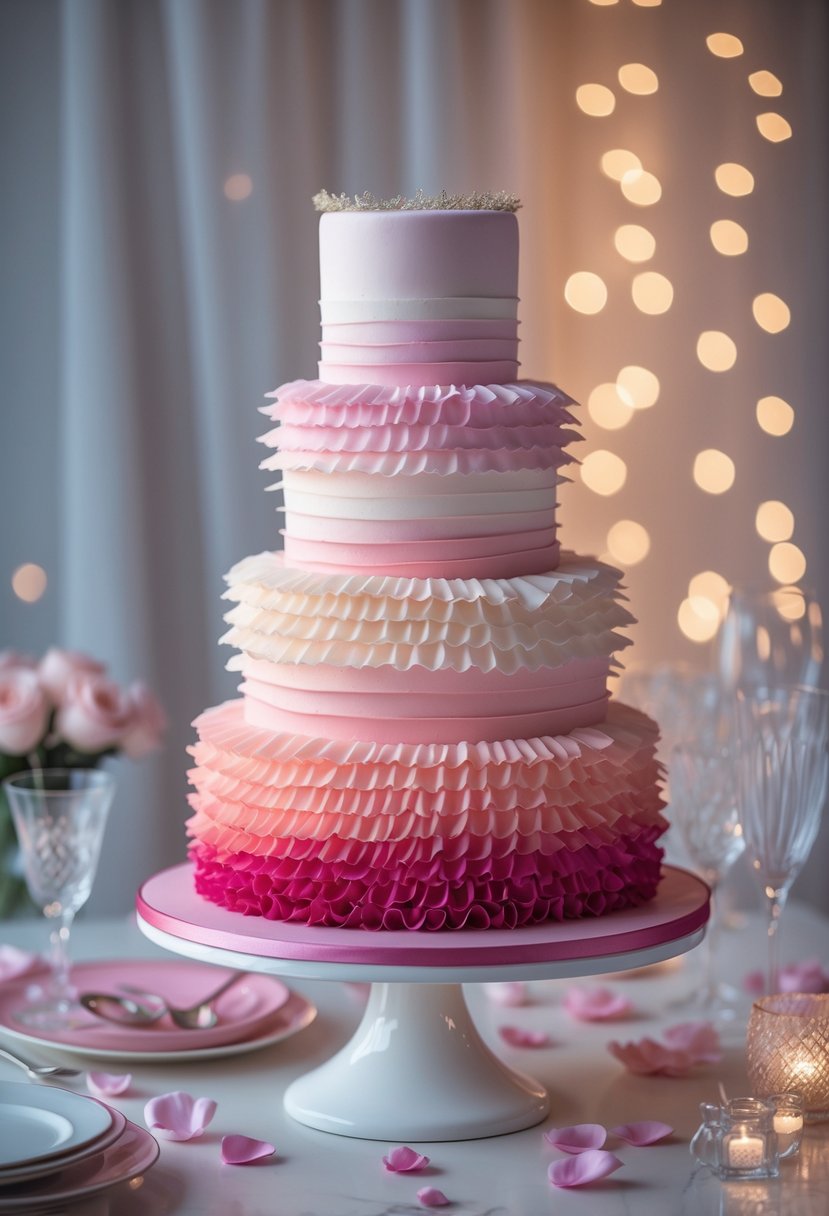A multi-tiered pink ombre ruffle cake on a white stand surrounded by party decorations on a table.