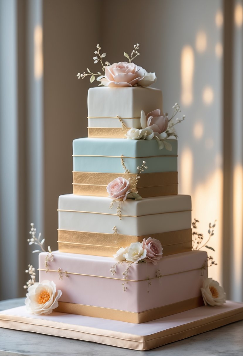 A multi-tiered square cake with layers of different sizes, decorated with pastel colors and floral accents on a neutral surface.