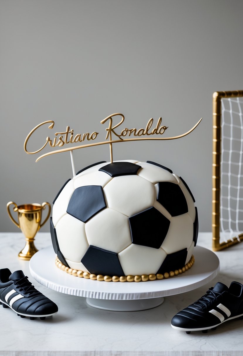A soccer ball-shaped cake with an edible decoration resembling Cristiano Ronaldo's signature, displayed on a white platter with football-themed props around it.