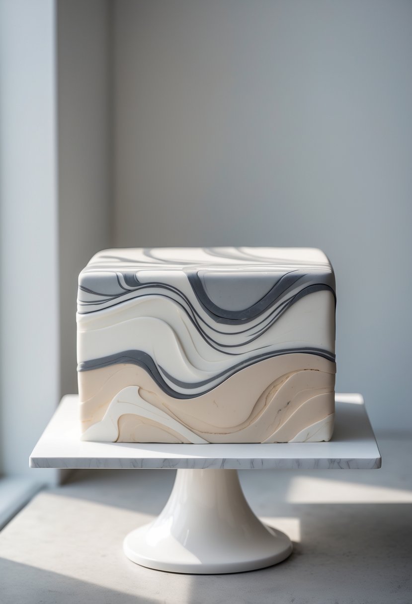A square cake with smooth marble-patterned fondant in white and gray tones on a white cake stand.